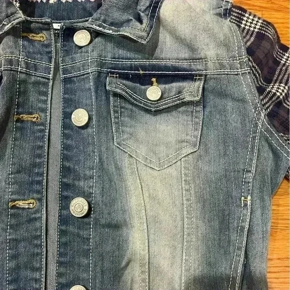 Wallflower authentic denim Jean jacket with blue and white checkered hoodie - Picture 3 of 4